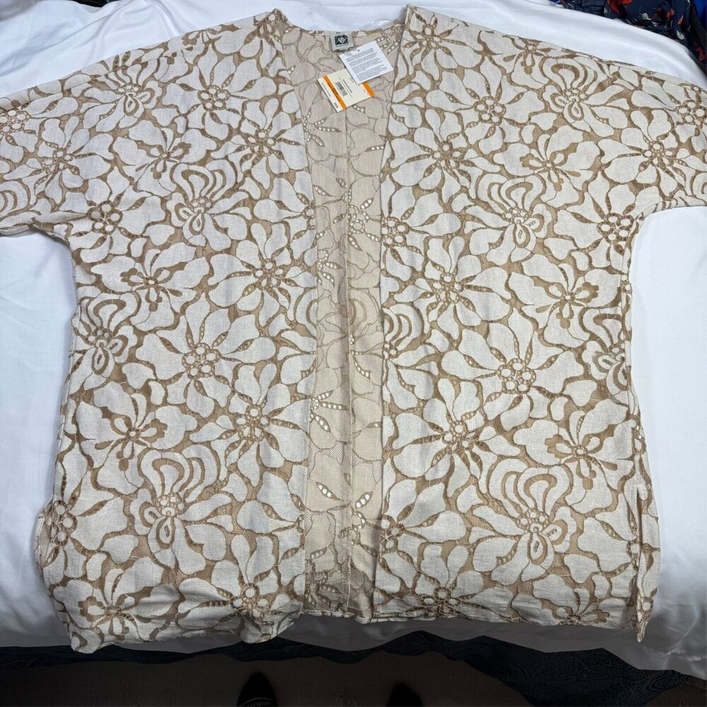 Anne Klein S/M Oversized Sheer Lace Flowers Cardigan 3/4 Sleeve Latte $149